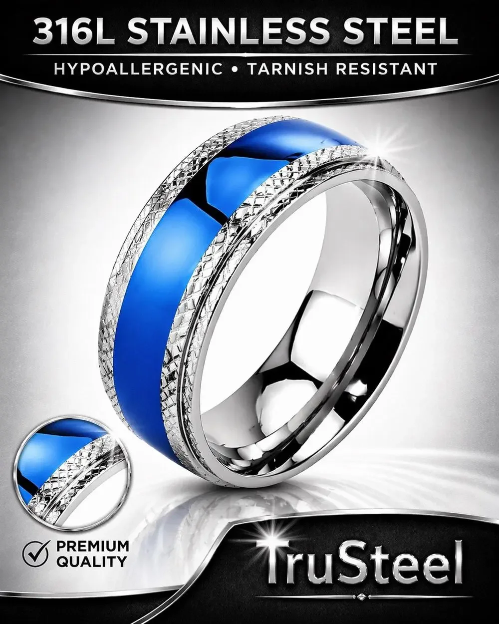 Men’s Blue Center 316L Surgical Stainless Steel hypoallergenic ‎ Ring Size 10